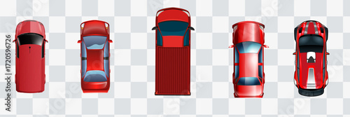 Red cars set from above, top view isolated. Cute beautiful cartoon transport with shadows. Modern urban civilian vehicle.