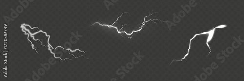 Set of the isolated realistic lightnings with transparency for design. Thunder-storm and lightnings. Magic and bright lighting effects. Natural effects