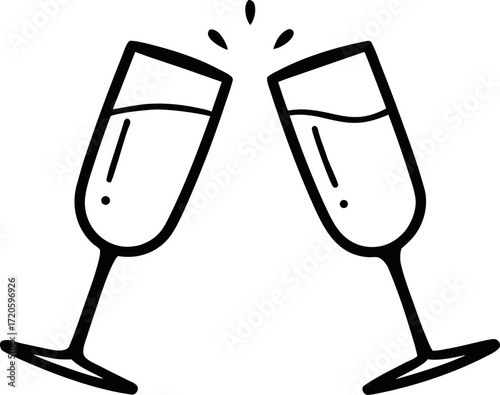 Champagne Glasses Clinking Simple Linear Hand Drawn