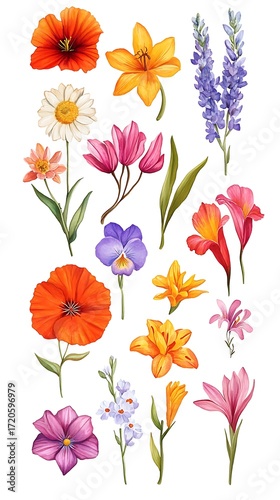 Watercolor Illustration of Diverse Flower Varieties Poppies, Lilies, Lavender, Daisy, and More