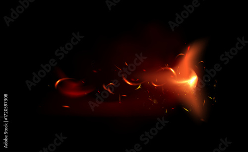 Flame of fire with sparks on a black background. The texture of the fiery storm. The fiery sparks of lights flash, a shot of a flying spark in the air. a dark night.