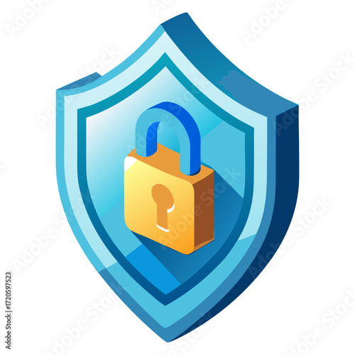 Isometric blue shield with a prominent gold padlock, symbolizing digital security, data protection, cybersecurity, and online privacy.