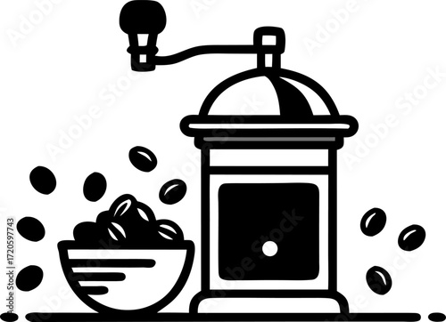 Coffee Grinder and Beans Doodle Silhouette Vector