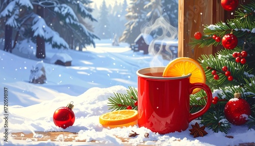 Winter warmth by the window, a festive hot drink scene