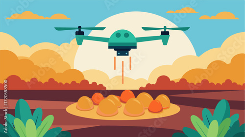 A smart drone equipped with thermal imaging technology is used to detect temperature variations in a potato field helping to identify areas with potential diseases or water stress.. Vector