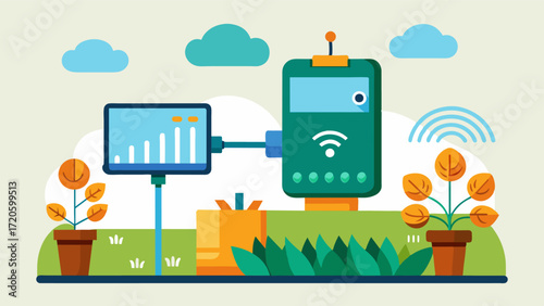 A smart fertilizer injector that can be controlled remotely via a smartphone app providing convenience and efficiency for farmers.. Vector illustration