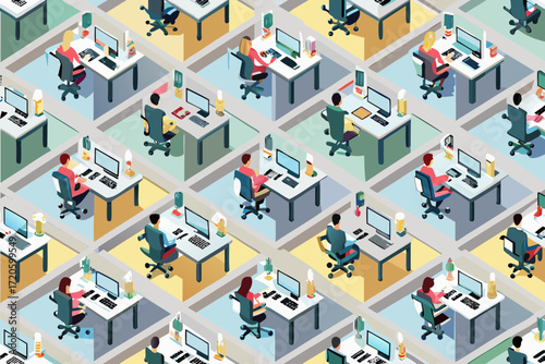 Isometric view of a busy modern office with diverse employees working at their desks