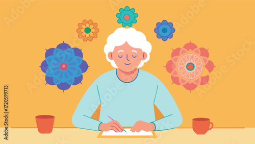 A person with dementia finds solace and calmness in coloring intricate mandalas reducing anxiety and agitation while stimulating their brain.. Vector illustration