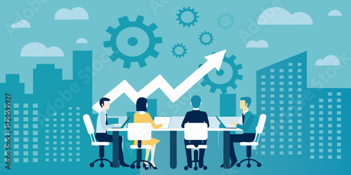 Business team meeting around a table with a growing arrow chart and city skyline background