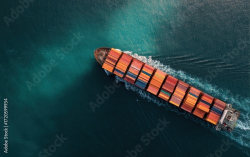 Drone shot of cargo ship navigating deep waters with colorful containers stacked on deck symbolizing efficient supply chain and ocean freight services for global trade