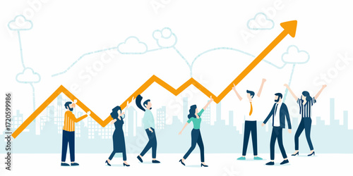 Diverse group of people celebrating success as they climb an upward trending financial graph over a city skyline