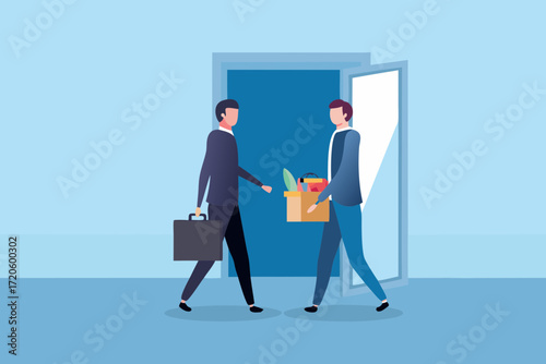Man carrying box of belongings exits office as colleague watches by the doorway