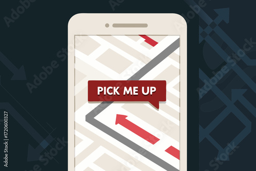 Smartphone screen displays a map with a red speech bubble saying pick me up
