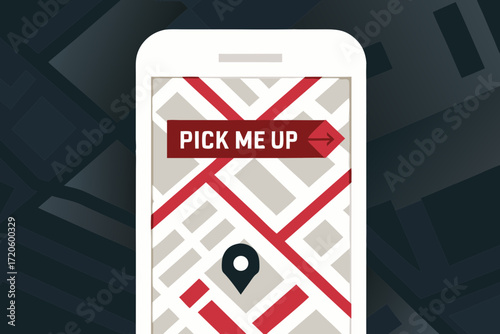 Mobile phone displaying a map with a pick me up location marker and navigation route