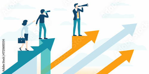 Business professionals looking into the future on ascending arrows representing growth and opportunity