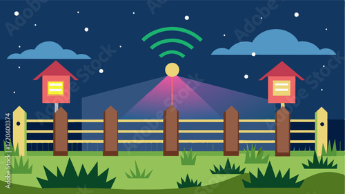 A smart fence that flashes bright LED lights and emits loud sounds to deter animals from breaking through minimizing damage to crops.. Vector illustration