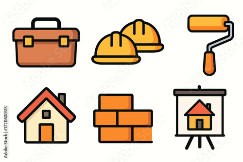 Construction Tools and Materials Illustration with House Helmet Bricks and Paint Roller