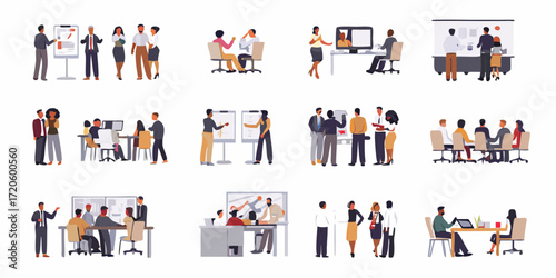 Diverse business professionals collaborating and presenting in various meeting and office settings with whiteboards and computers