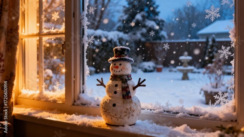 창가의작은눈사람과눈오는겨울풍경
