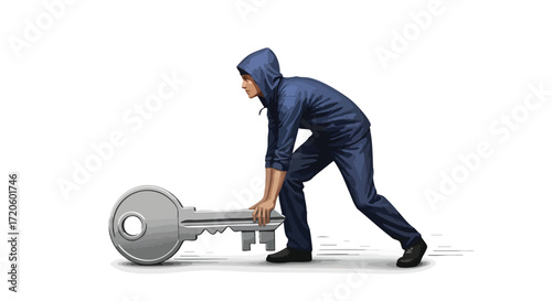 Man Pushing a Giant Key Concept of Security Solution Access and Opportunity