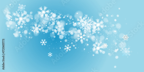 Magical heavy snow flakes backdrop. Snowstorm speck ice particles. Snowfall sky white teal blue wallpaper. Rime snowflakes vector. Snow hurricane landscape.