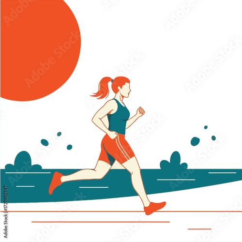 Energetic Woman Running Outdoors in Flat Design Illustration