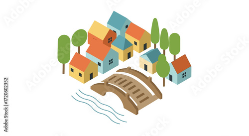 Isometric illustration of a small village with colorful houses, trees, and a bridge over a river.