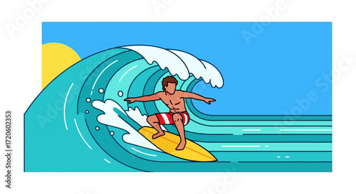 An illustration of a man riding a large blue ocean wave on a yellow surfboard under a bright blue sky with a yellow sun.