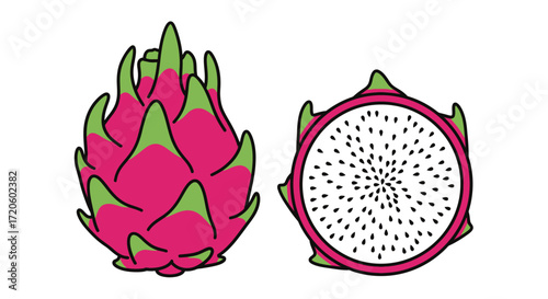 Close-up illustration of a whole and sliced dragon fruit, showcasing its vibrant pink skin and white flesh dotted with seeds.