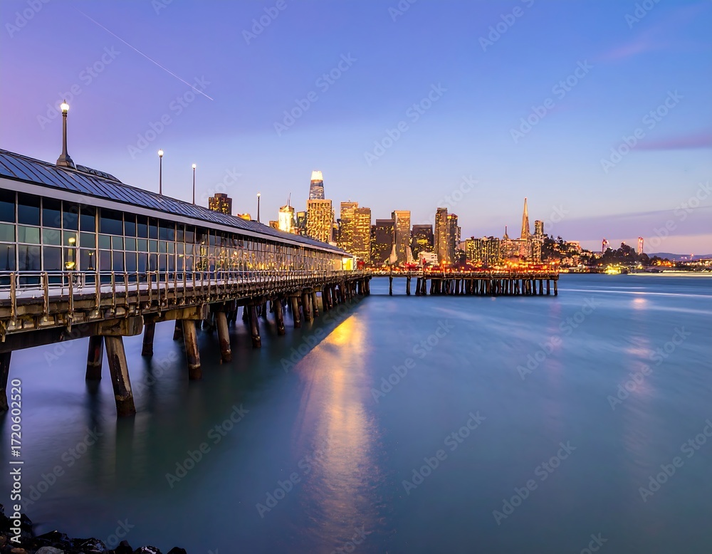 Fototapeta premium San Francisco cityscape at twilight from a pier