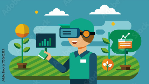 A virtual reality tool that allows farmers to virtually walk through their fields and visually assess crop inventory health and any potential issues.. Vector illustration