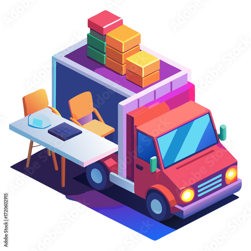 Isometric moving truck loaded with office furniture and boxes, representing office relocation, business moving services, or logistics and delivery.