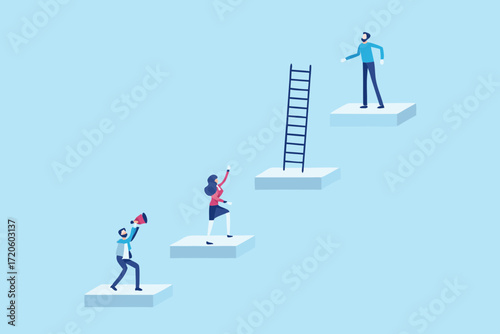 Diverse team members collaborate to climb stairs using a ladder for career advancement and success