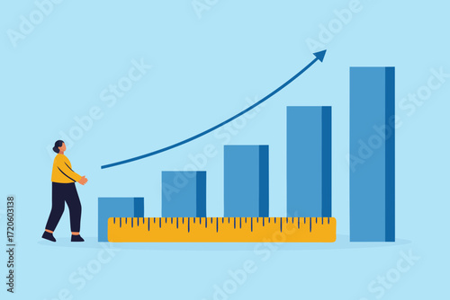 Person measuring a rising bar graph with an upward arrow indicating growth and success