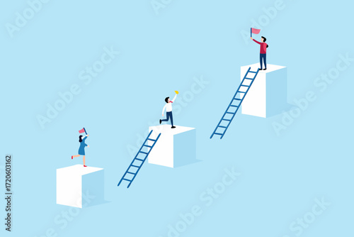 Three people climbing ladders to reach higher platforms symbolizing success and achievement