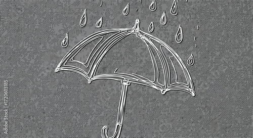 Engraved Raindrops Falling on an Engraved Umbrella on a Gray Background