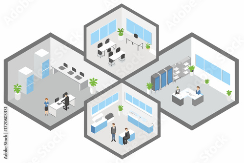 Isometric view of a modern office space with different work areas and employees