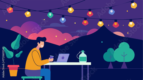 A string of multicolored lights hung above the terrace casting a warm glow as the nomad edited photos from their latest adventure.. Vector illustration