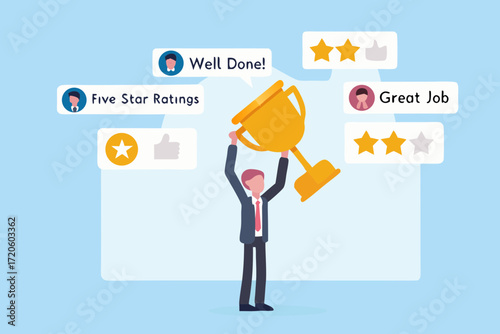 Man in suit holding golden trophy surrounded by positive feedback and star ratings