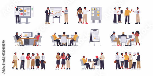 Diverse group of people in various business meeting and presentation scenarios