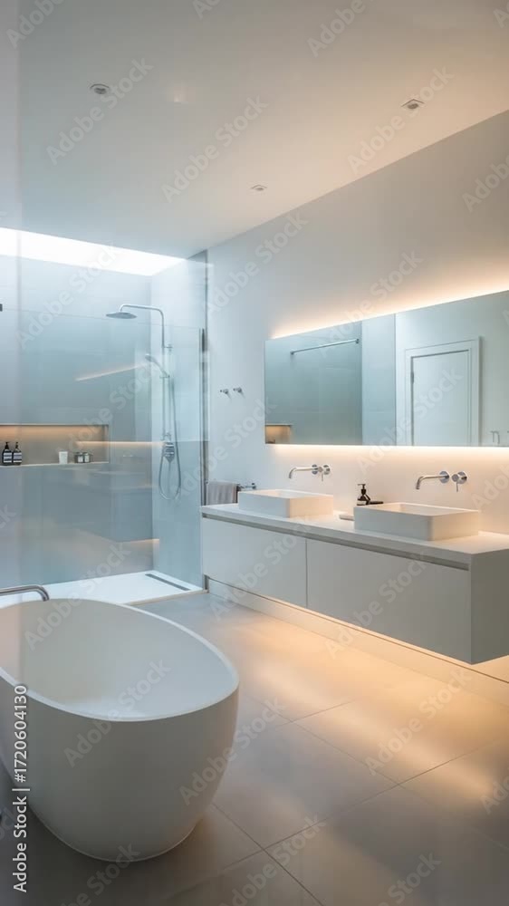 custom made wallpaper toronto digitalContemporary Bathroom Interior with White Bathtub and Vanity with Warm Lighting and Shower Area in Gray Tiles in Minimalist Design and Bright Light