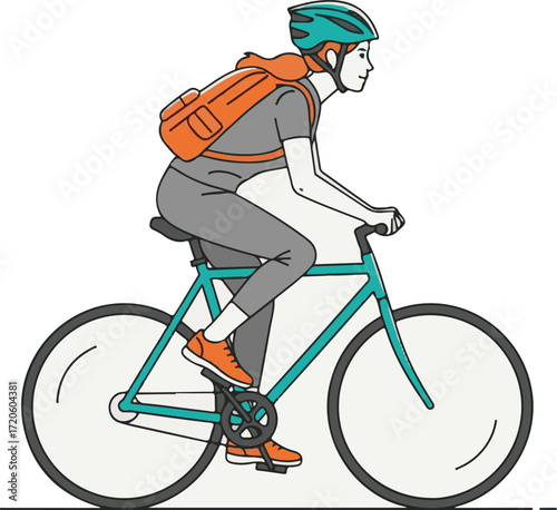 Woman Riding a Bicycle with Backpack and Helmet