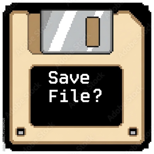 Retro pixelated floppy disk displaying the save file prompt.