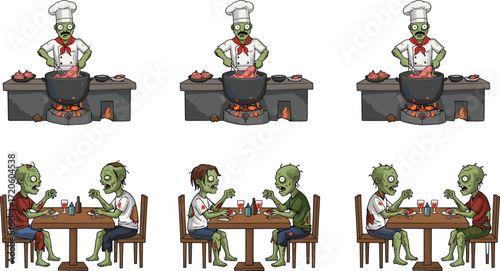 Zombie chef cooking in kitchen, cartoon undead character preparing food, funny horror illustration, zombie dining table scene, eating monsters, spooky Halloween artwork, humorous scary design