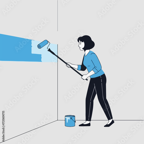Woman Painting Wall Blue with Roller
