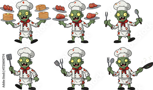 Zombie chef cartoon illustration, funny undead cook character, horror kitchen artwork, spooky culinary design, Halloween food concept, creepy restaurant mascot, scary cooking theme, humorous artwork