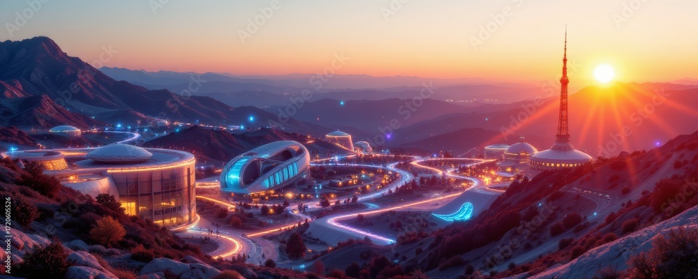 Fototapeta premium Futuristic Cityscape at Sunset