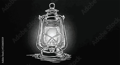 Vintage Oil Lamp in the Dark Retro Illustration