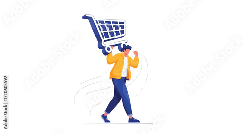 Man Struggling with Shopping Cart Overcoming Challenges Isolated on White