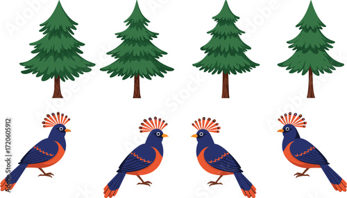Cartoon birds and pine trees illustration, stylized forest animals and nature design, colorful wildlife drawing, woodland scene clipart, cute bird forest composition
